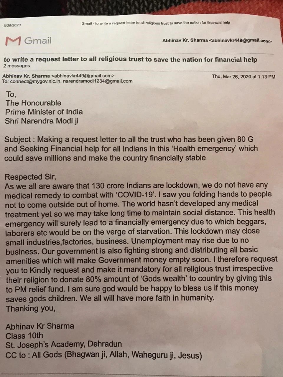 This Kid Has Asked The PM To Get Religious Trusts To Pay 80% Of God's